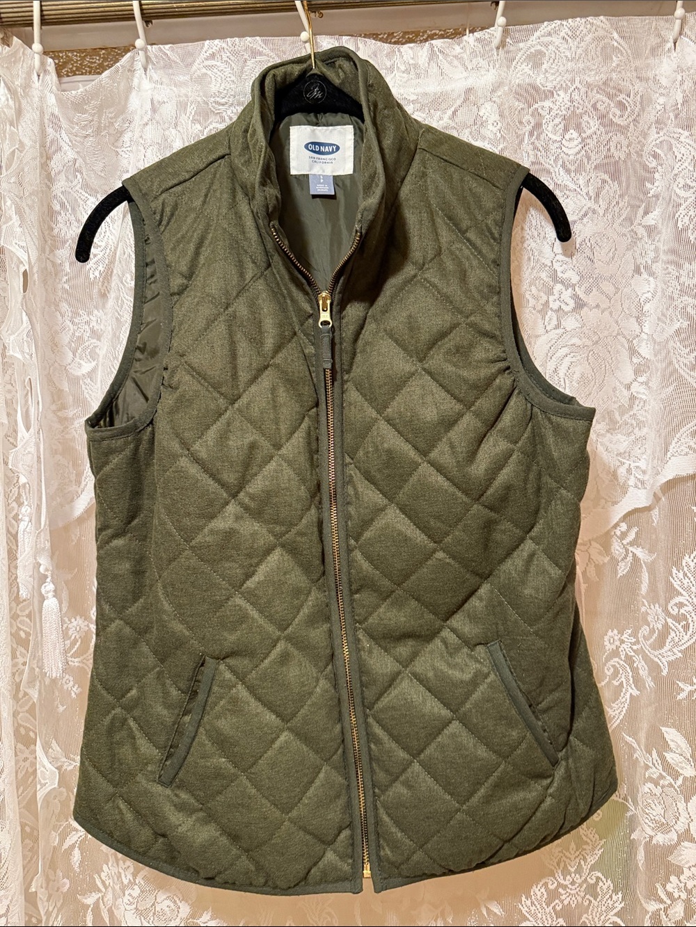 Old Navy Quilted Olive Vest with Gold Zipper